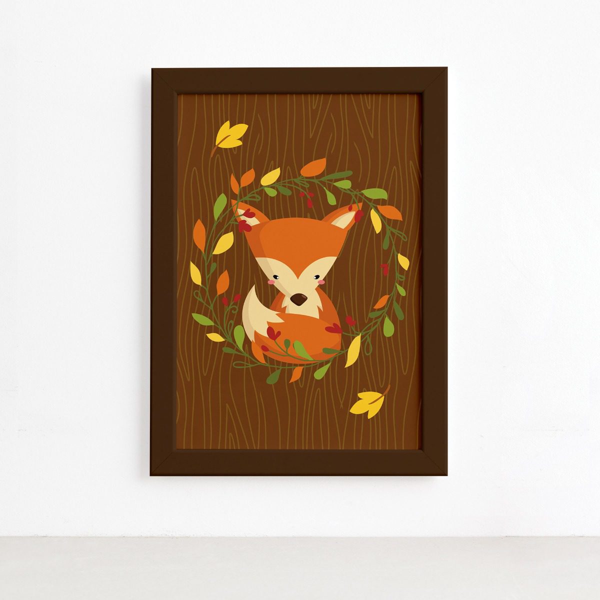 Quadro Infantil Raposa e Folhas Moldura Marrom 22x32cm
