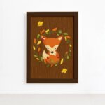 Quadro Infantil Raposa e Folhas Moldura Marrom 33x43cm