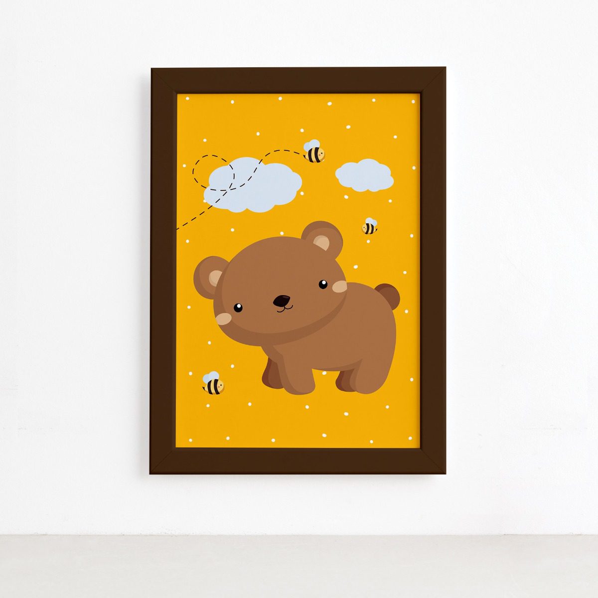 Quadro Infantil Urso e Abelhas Moldura Marrom 22x32cm