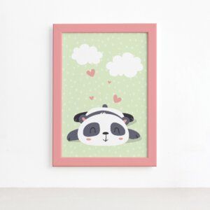 Quadro Animais Panda Sonhando Moldura Rosa 22x32cm,Quadro Animais Panda Sonhando Moldura Rosa 22x32cm