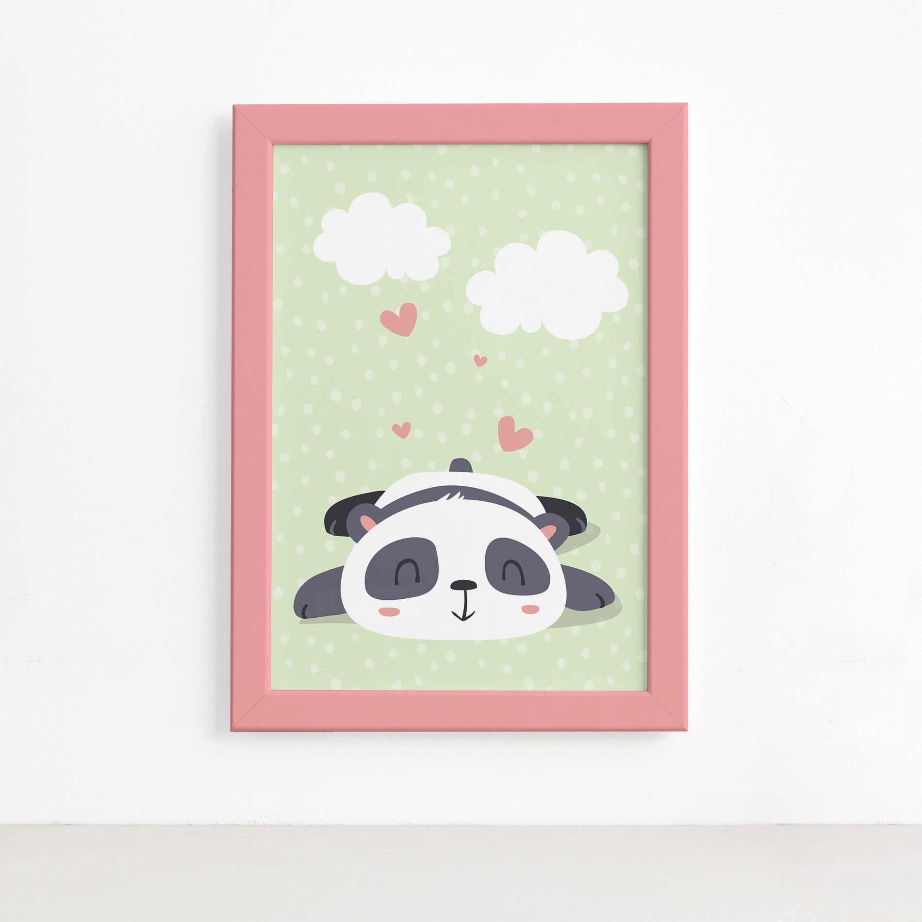Quadro Animais Panda Sonhando Moldura Rosa 22x32cm,Quadro Animais Panda Sonhando Moldura Rosa 22x32cm