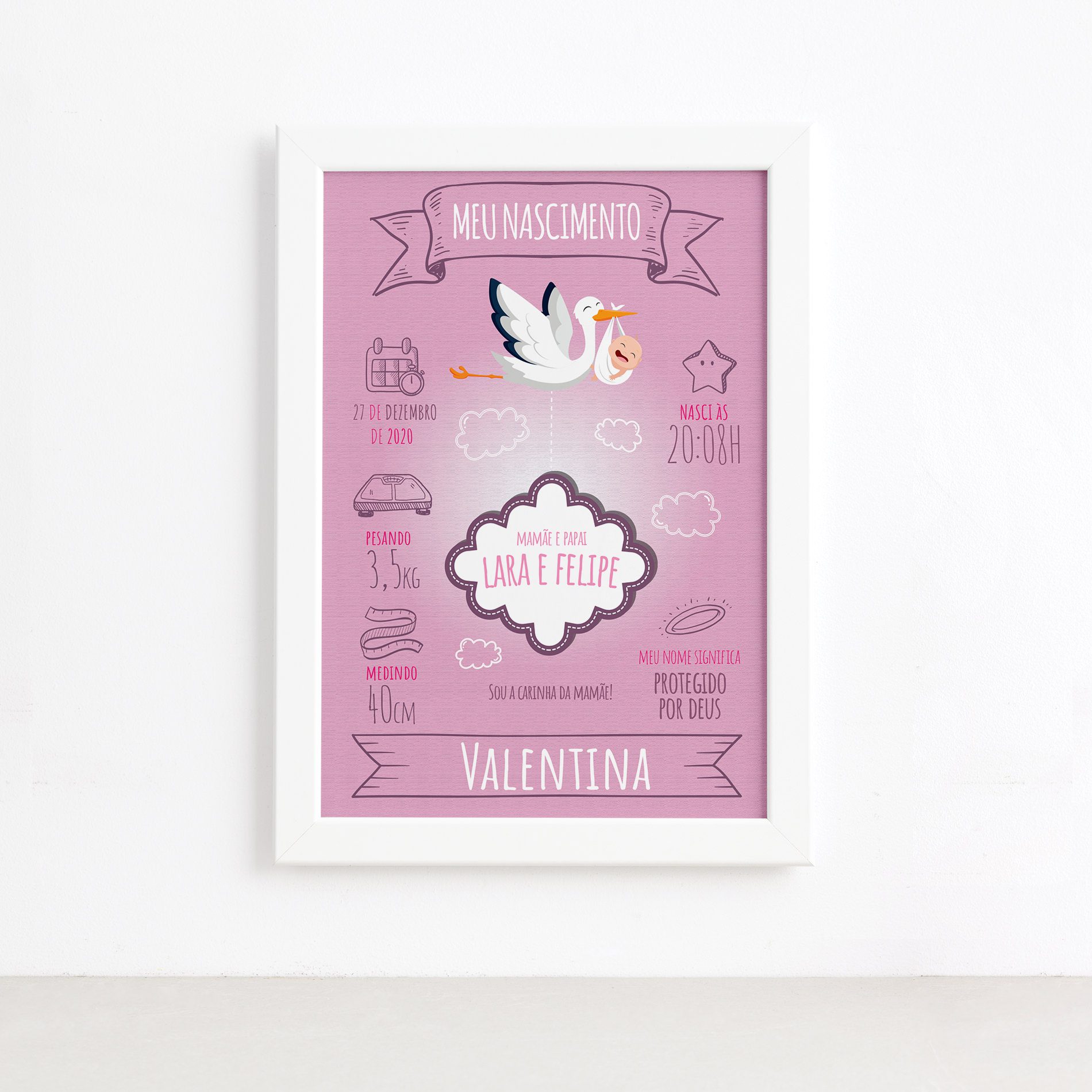 Quadro Personalizado Nascimento Menina Mold Branca 22x32cm,Quadro Personalizado Nascimento Menina Mold Branca 22x32cm