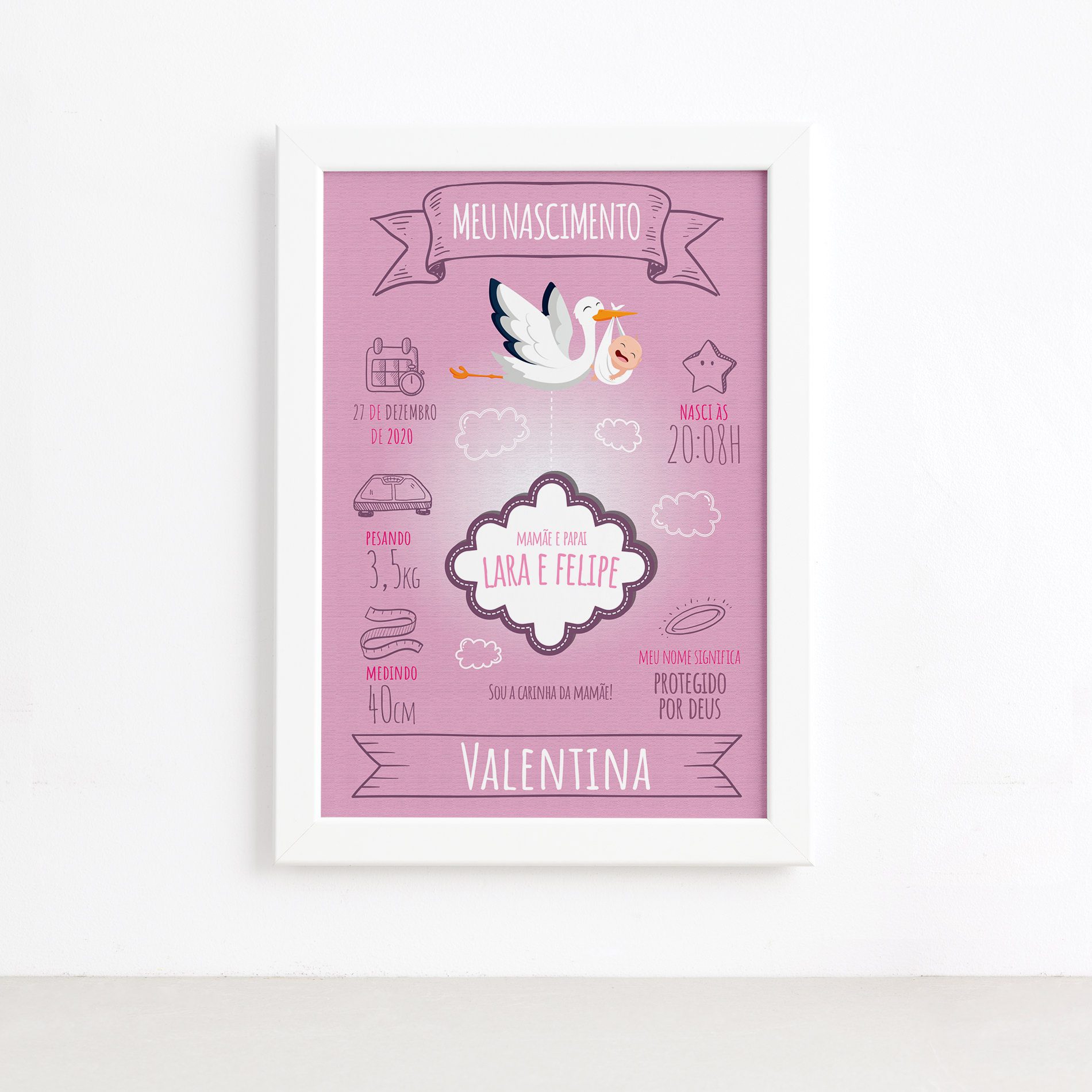 Quadro Personalizado Nascimento Menina Mold Branca 22x32cm
