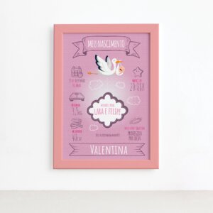 Quadro Personalizado Nascimento Menina Moldura Rosa 22x32cm,Quadro Personalizado Nascimento Menina Moldura Rosa 22x32cm