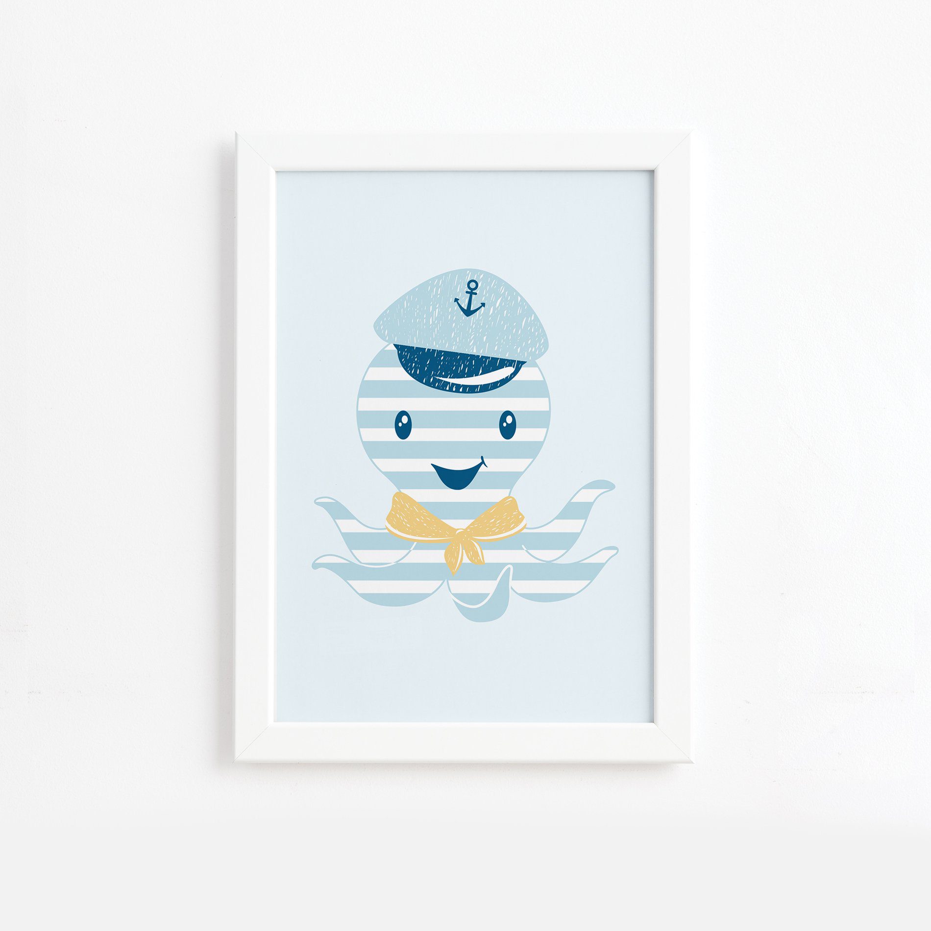 Quadro Infantil Marinheiro Polvo Moldura Branca