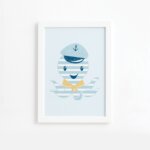 Quadro Infantil Marinheiro Polvo Moldura Branca 33x43cm