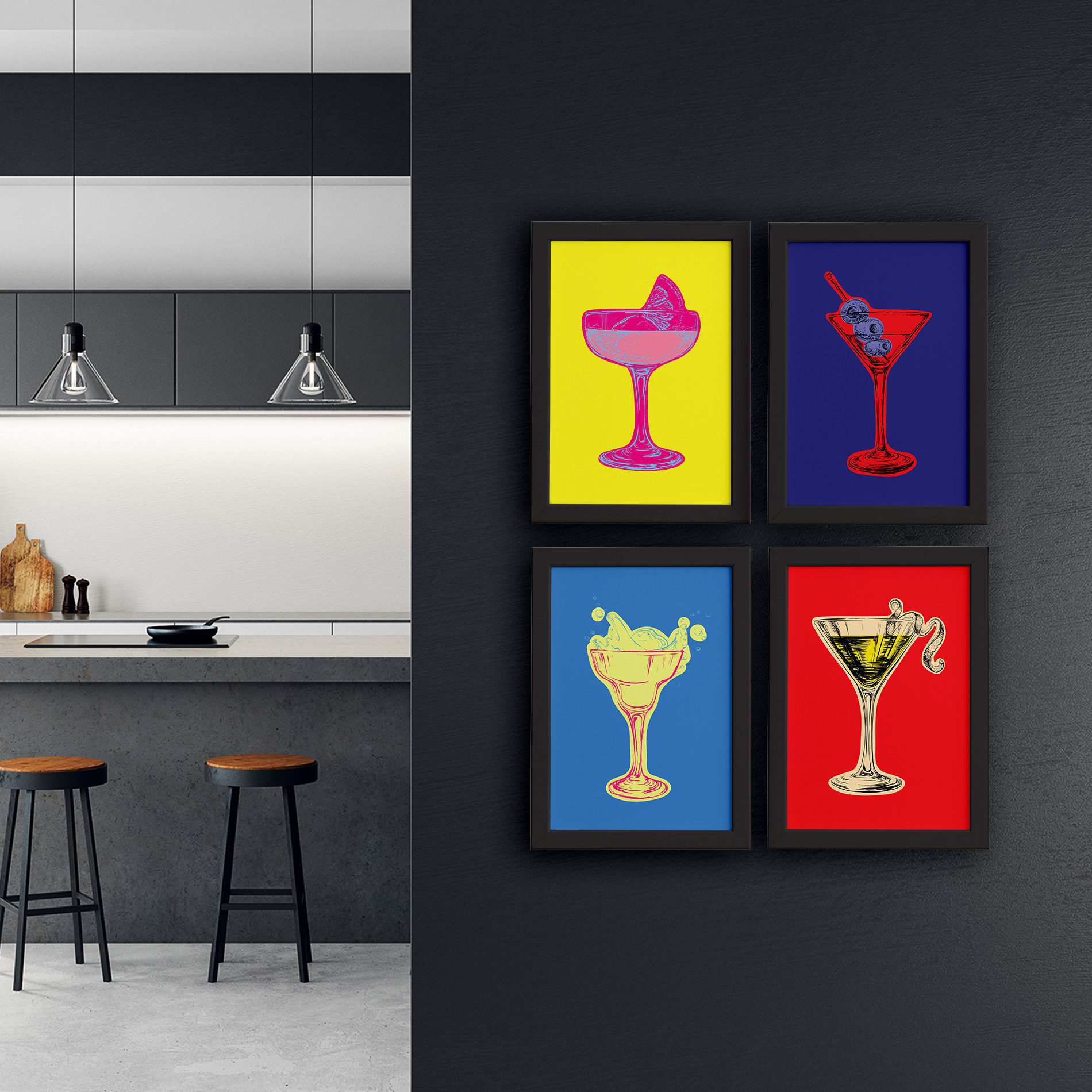 Kit de 4 quadros decorativos retangulares com moldura preta e ilustrações pop art, pendurados em parede preta de cozinha moderna.
