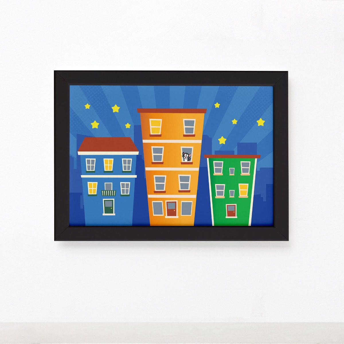 Quadro Super Heróis Cidade e Prédios Moldura Preta 22x32cm