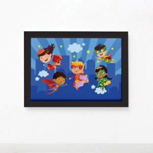 Quadro Super Heróis na Cidade Moldura Preta 22x32cm