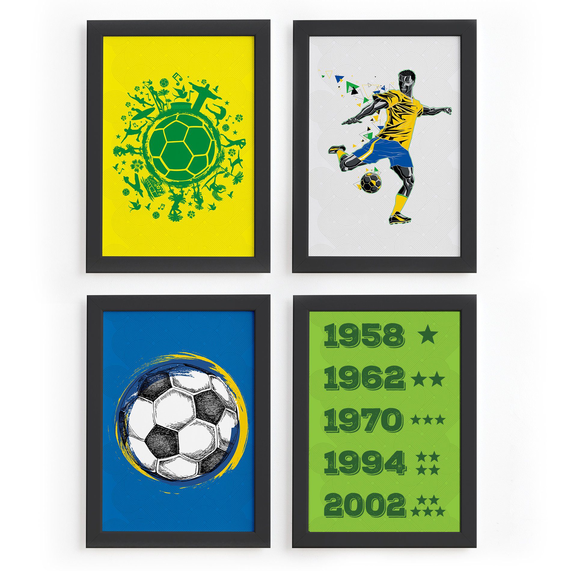 Quadros País do Futebol Verde Amarela 33x43cm Moldura Preta 4un