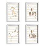 Quadros Girafa e Hipopótamo Marrom Kit 4un Moldura Branca