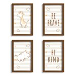 Quadro Infantil Girafa e Hipopótamo Marrom Kit 4un Moldura Marrom