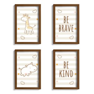 Quadro Infantil Girafa e Hipopótamo Marrom Kit 4un Moldura Marrom