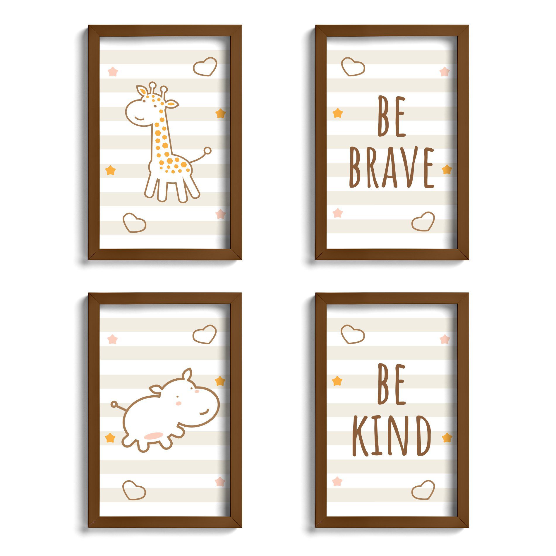 Quadro Infantil Girafa e Hipopótamo Marrom Kit 4un Moldura Marrom