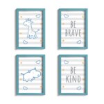 Quadro Infantil Girafa e Hipopótamo Azul Kit 4un Moldura Azul
