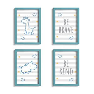 Quadro Infantil Girafa e Hipopótamo Azul Kit 4un Moldura Azul