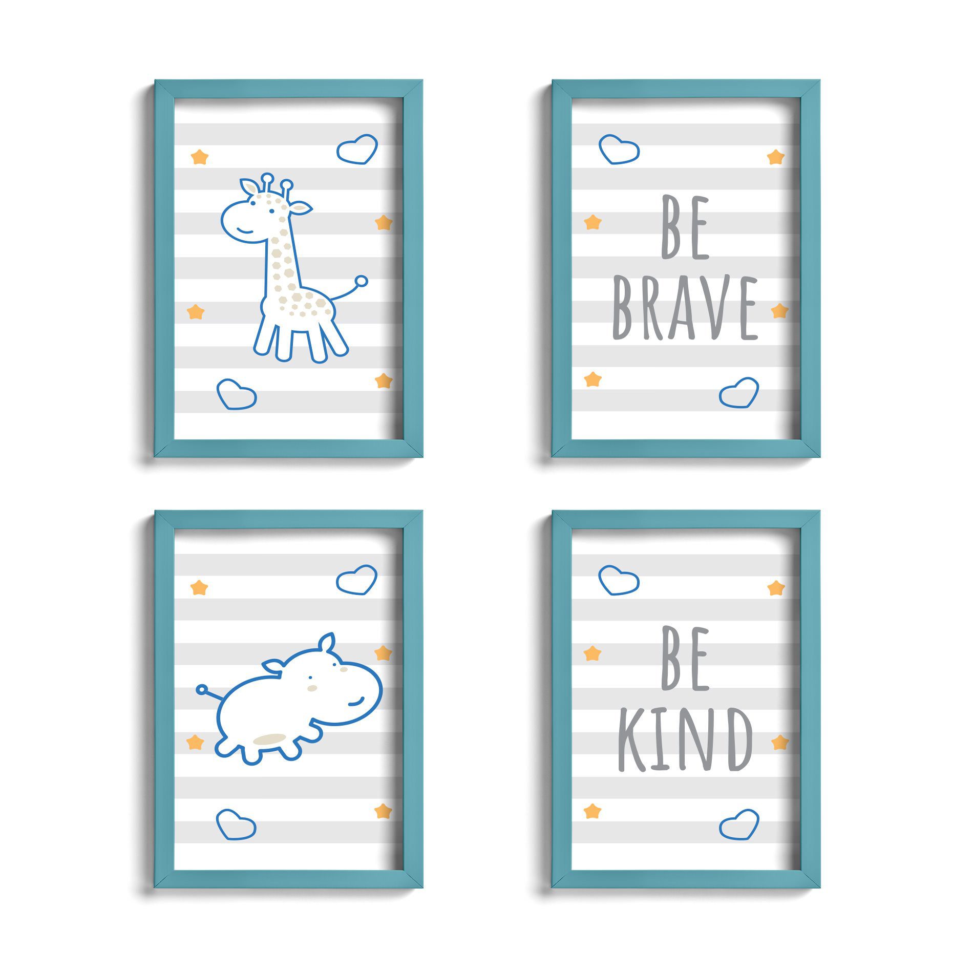 Quadro Infantil Girafa e Hipopótamo Azul Kit 4un Moldura Azul