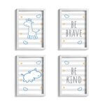 Quadros Girafa e Hipopótamo Azul Kit 4un Moldura Branca