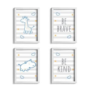 Quadros para Quarto de Bebê Girafa e Hipopótamo Azul Kit 4un