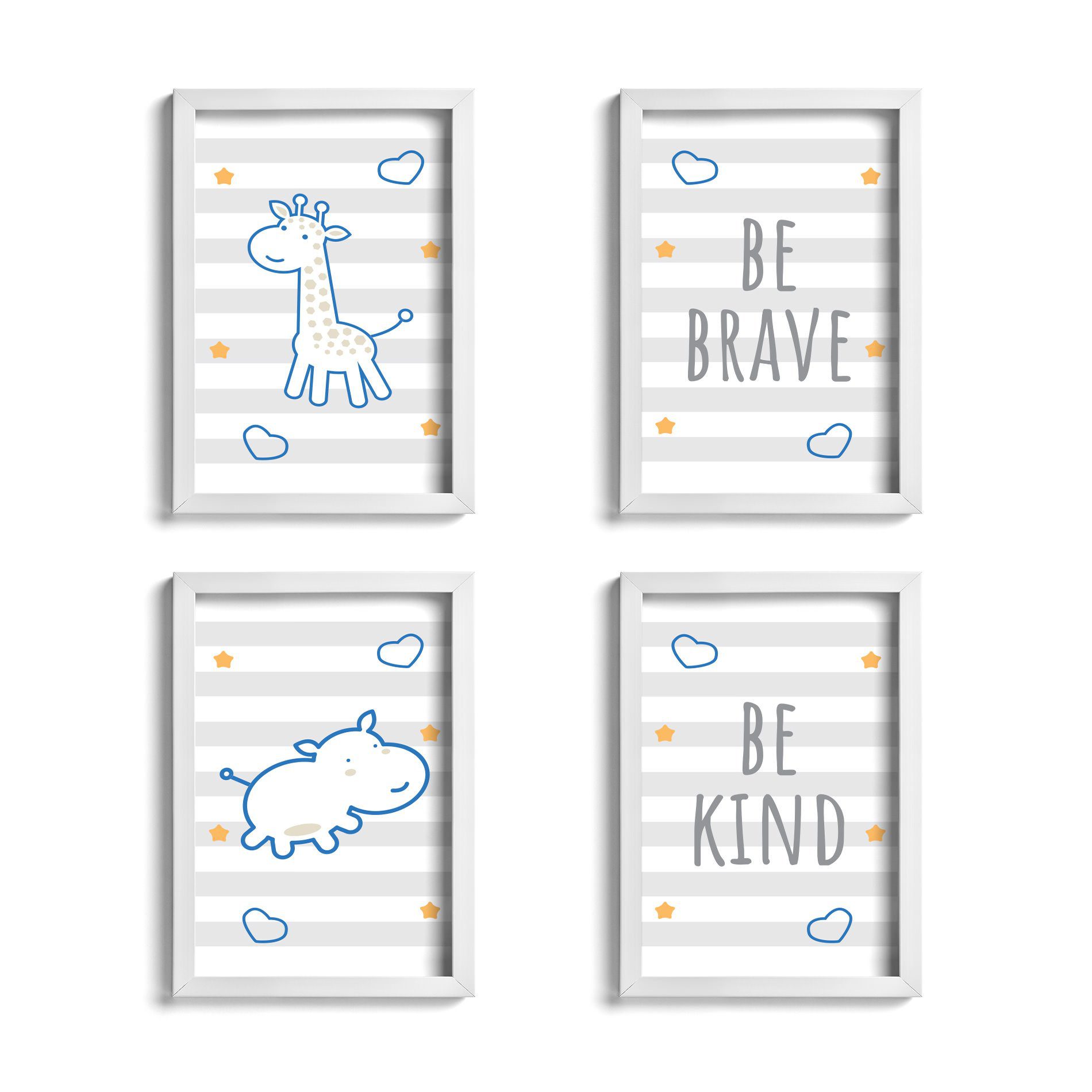 Quadros para Quarto de Bebê Girafa e Hipopótamo Azul Kit 4un