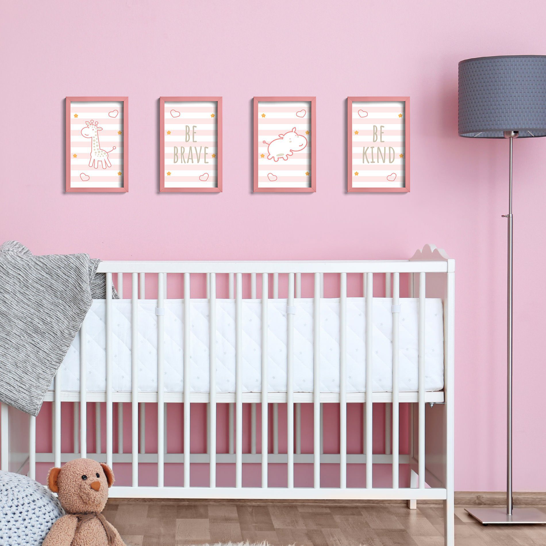 Quadros Girafa e Hipopótamo Rosa Kit 4un Moldura Rosa