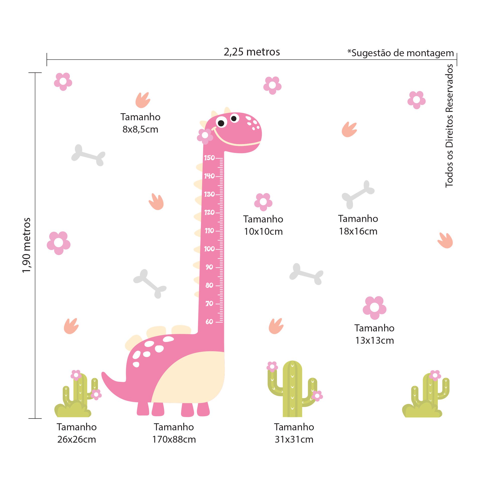 Adesivo Infantil Dinossauro Baby Menina Régua 225x190cm,Adesivo Infantil Dinossuro Baby Menina Régua 225x190cm,Adesivo Infantil Dinossuro Baby Menina Régua 225x190cm
