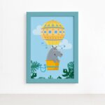 Quadro Infantil Rinoceronte e Balão Moldura Azul 22x32cm