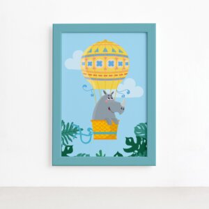Quadro Infantil Rinoceronte e Balão Moldura Azul 22x32cm,Quadro Infantil Rinoceronte e Balão Moldura Azul 22x32cm