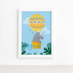 Quadro Infantil Rinoceronte e Balão Moldura Branca 22x32cm