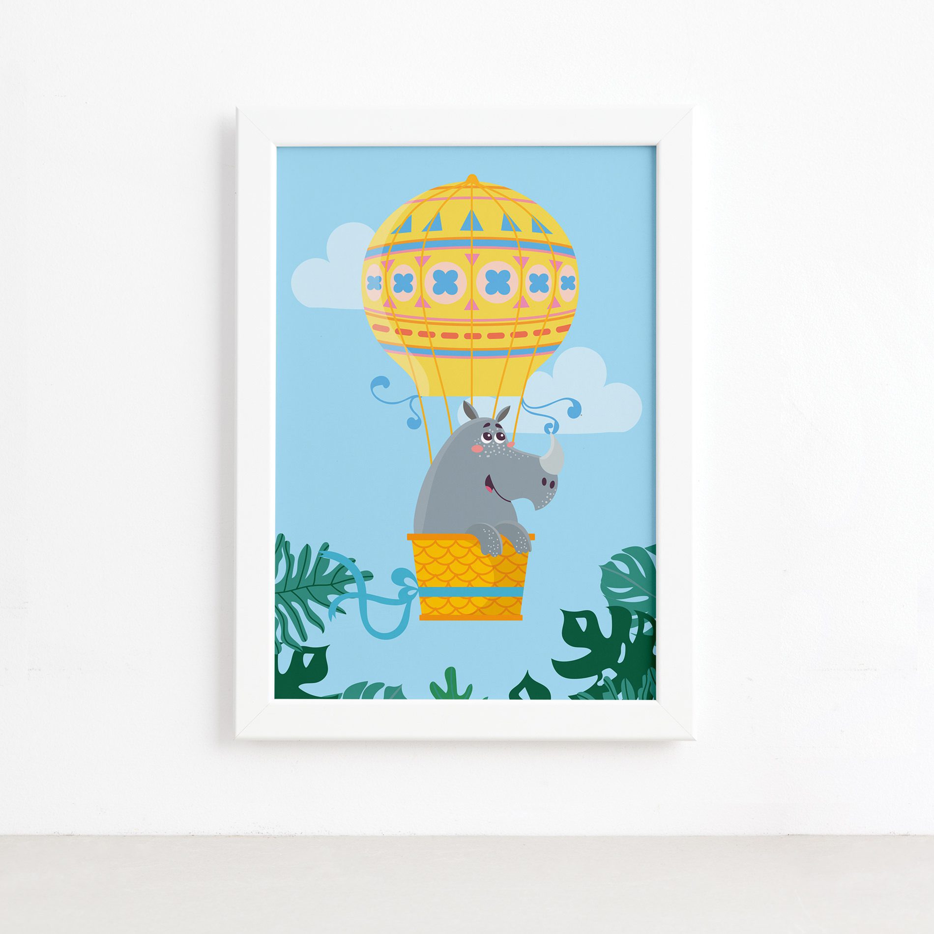 Quadro Infantil Rinoceronte e Balão Moldura Branca 22x32cm,Quadro Infantil Rinoceronte e Balão Moldura Branca 22x32cm