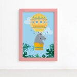 Quadro Infantil Rinoceronte e Balão Moldura Rosa 22x32cm