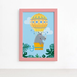 Quadro Infantil Rinoceronte e Balão Moldura Rosa 22x32cm,Quadro Infantil Rinoceronte e Balão Moldura Rosa 22x32cm