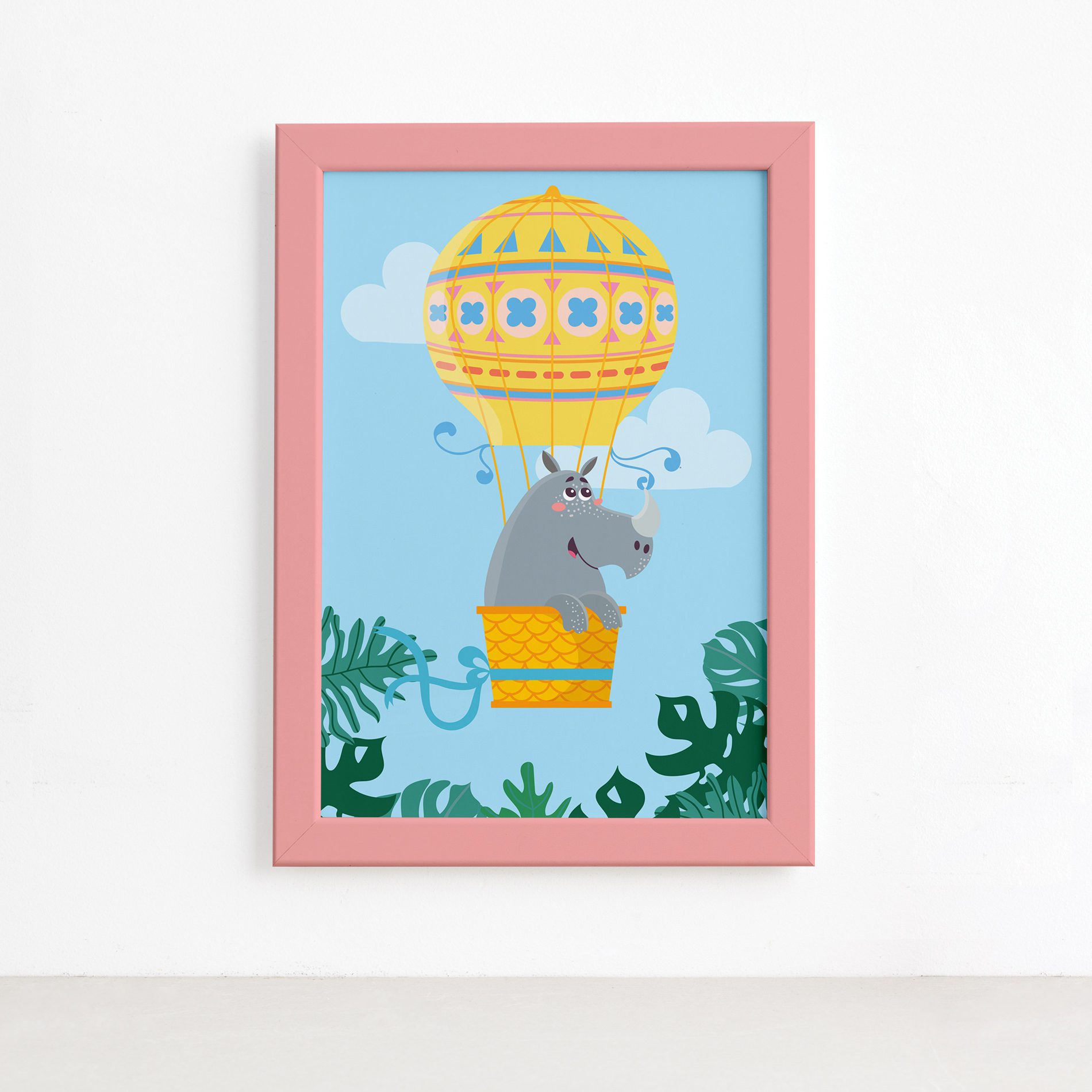 Quadro Infantil Rinoceronte e Balão Moldura Rosa 22x32cm,Quadro Infantil Rinoceronte e Balão Moldura Rosa 22x32cm