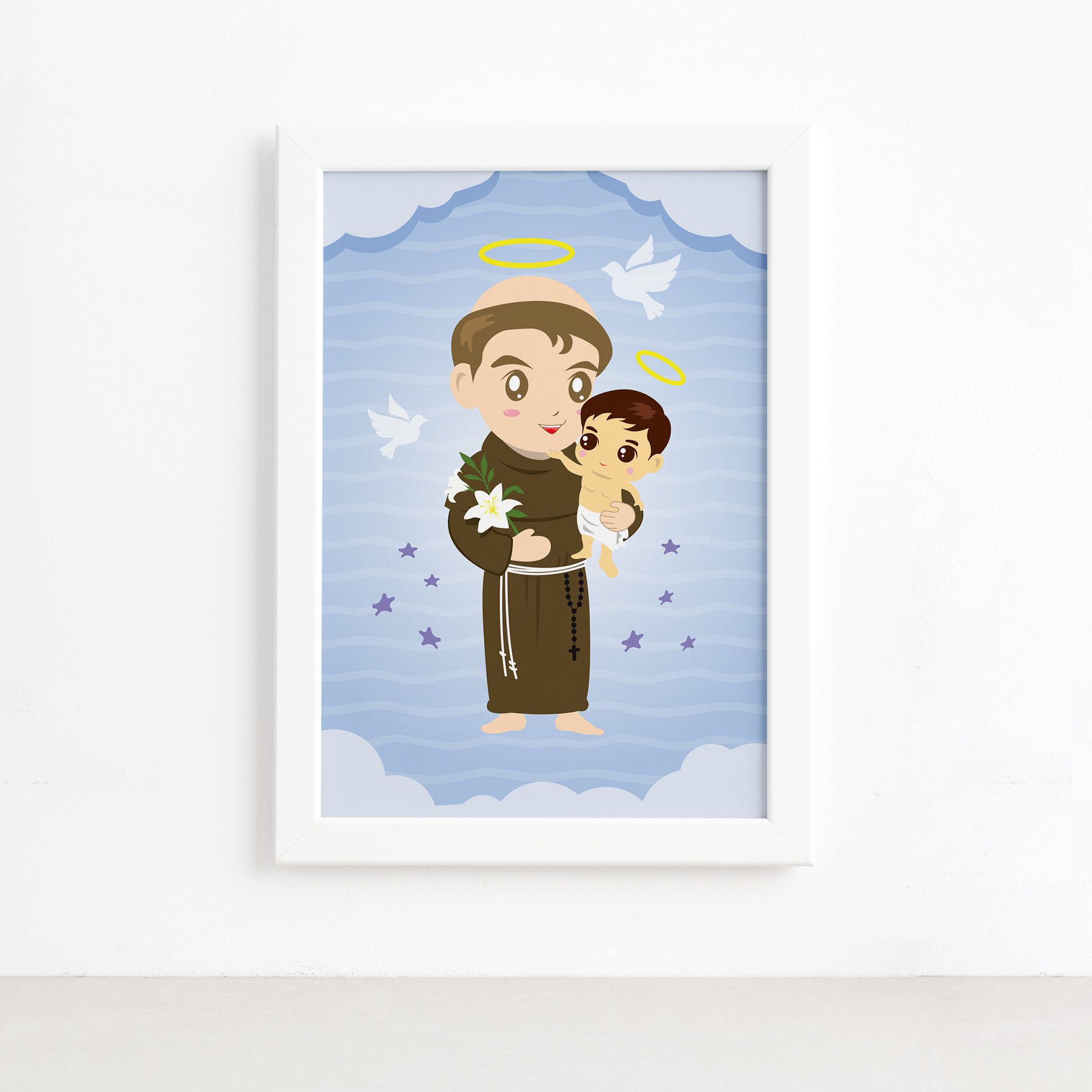 Quadro Santo Antônio Santo Padroeiro Moldura Branca 22x32cm,Quadro Santo Antônio Santo Padroeiro Moldura Branca 22x32cm