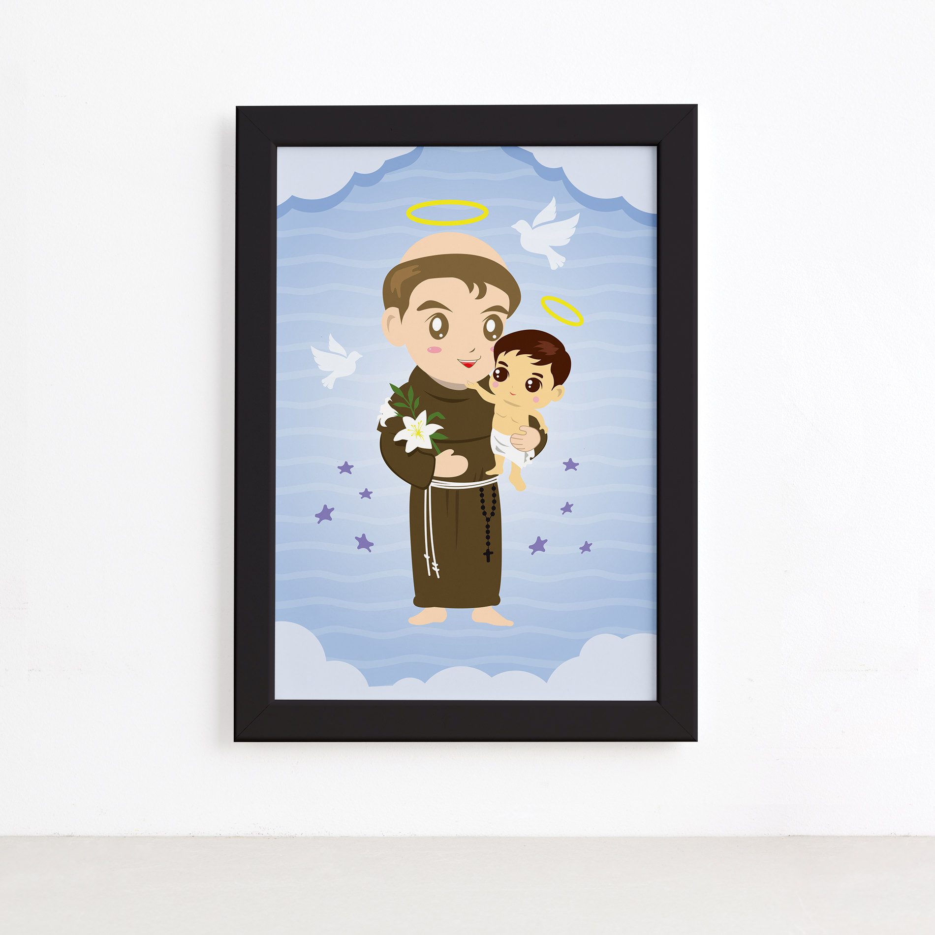 Quadro Santo Antônio Santo Padroeiro Moldura Preta 22x32cm,Quadro Santo Antônio Santo Padroeiro Moldura Preta 22x32cm