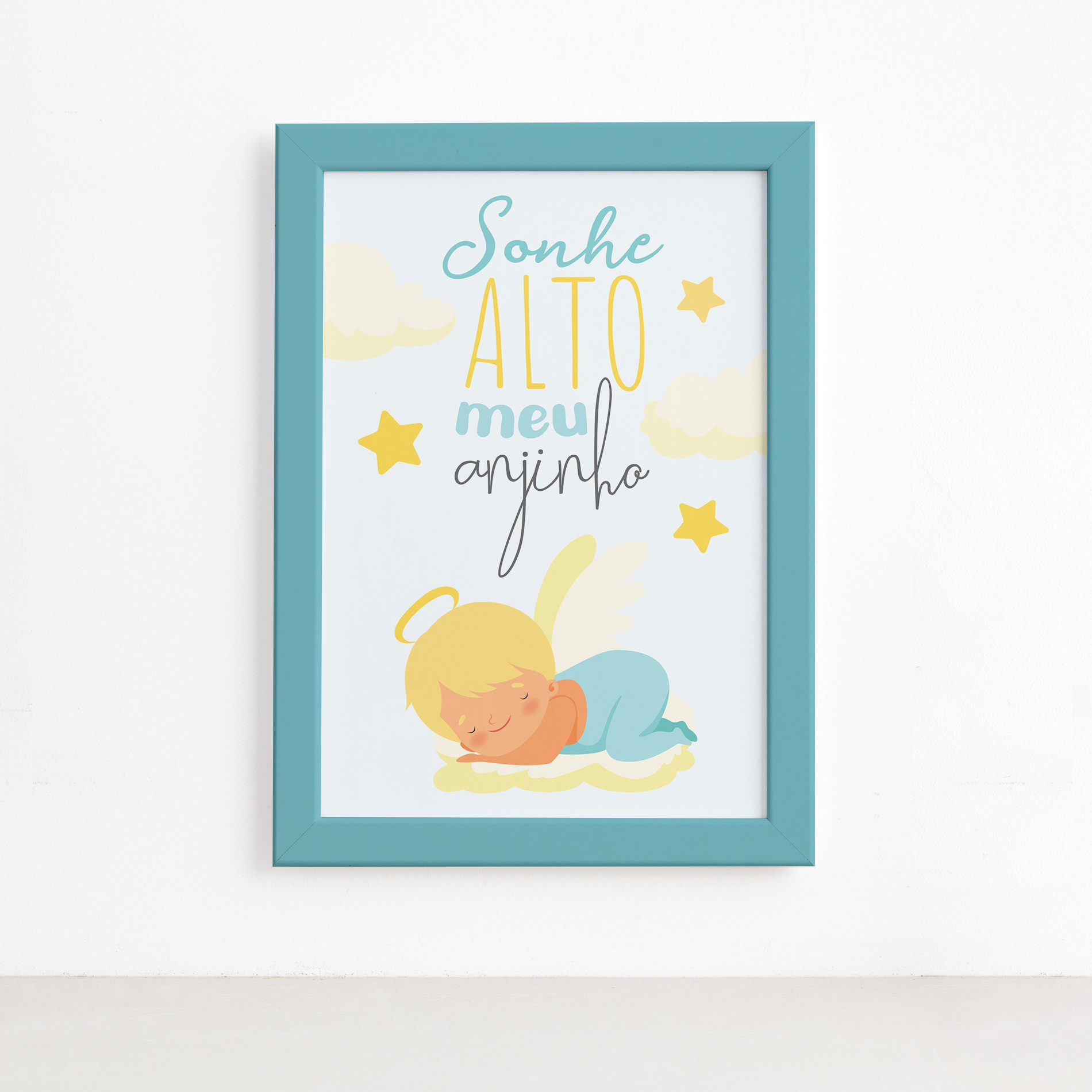 Quadro Sonhe Alto meu Anjinho Menino Moldura Azul 22x32cm,Quadro Sonhe Alto meu Anjinho Menino Moldura Azul 22x32cm