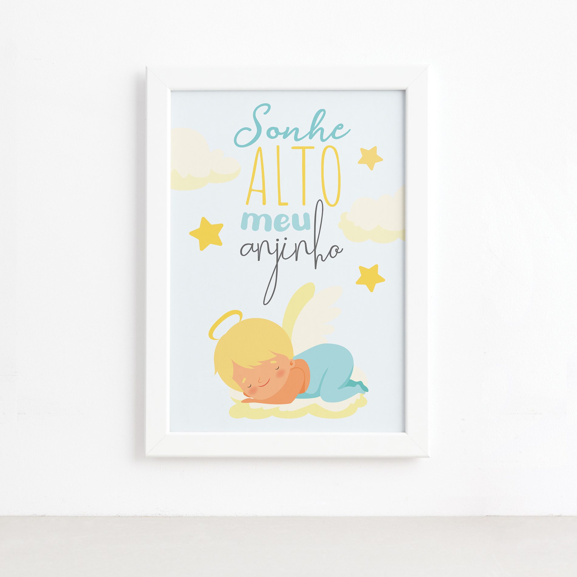 Quadro Sonhe Alto meu Anjinho Menino Moldura Branca 22x32cm,Quadro Sonhe Alto meu Anjinho Menino Moldura Branca 22x32cm