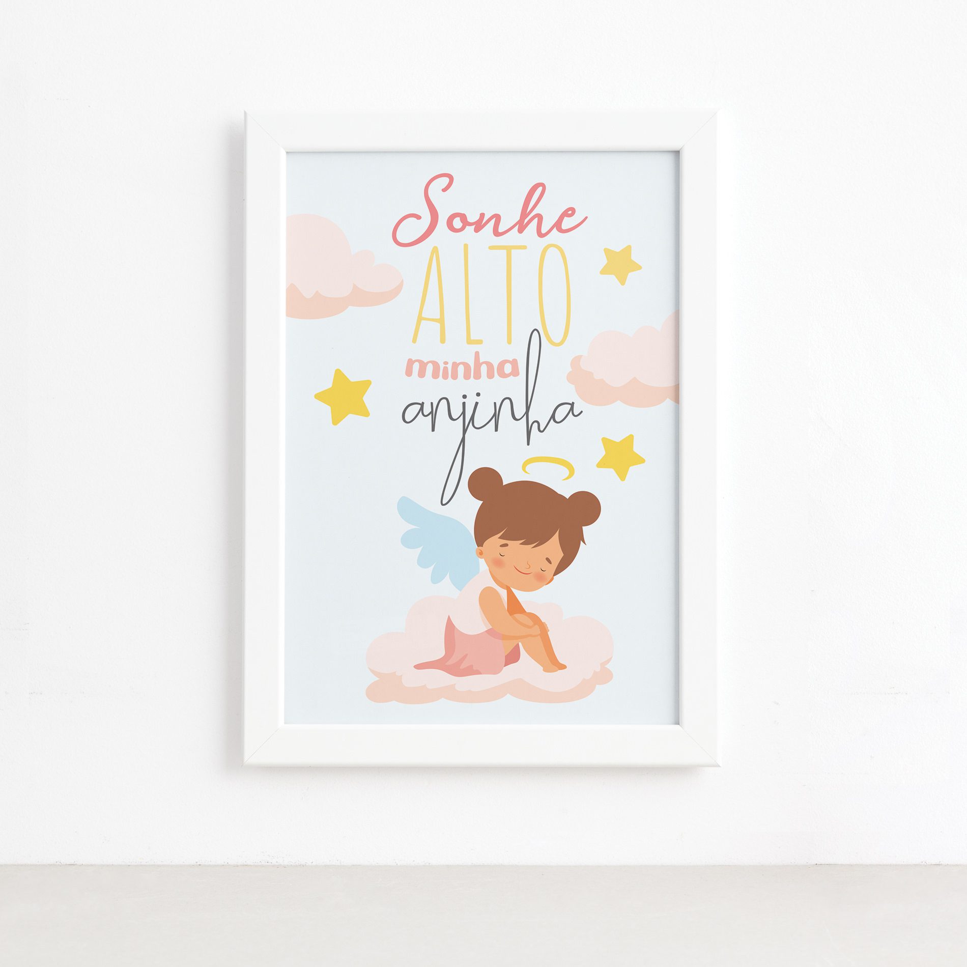 Quadro Sonhe Alto meu Anjinho Menina Moldura Branca 22x32cm,Quadro Sonhe Alto meu Anjinho Menina Moldura Branca 22x32cm