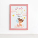 Quadro Sonhe Alto meu Anjinho Menina Moldura Rosa 22x32cm