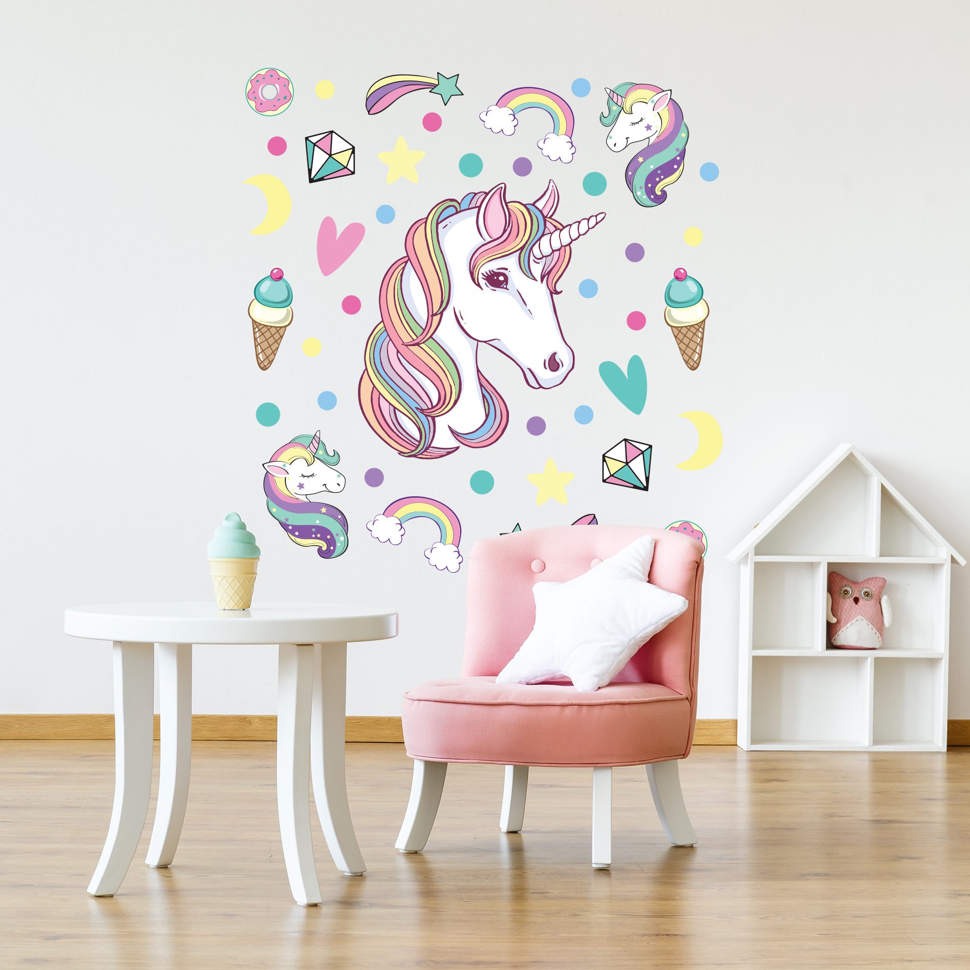 Adesivo Unicórnio Arco Iris para Quarto de Menina 107x120cm