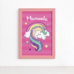 Quadros Unicórnio Nome Personalizado 4un Mold Rosa 22x32cm