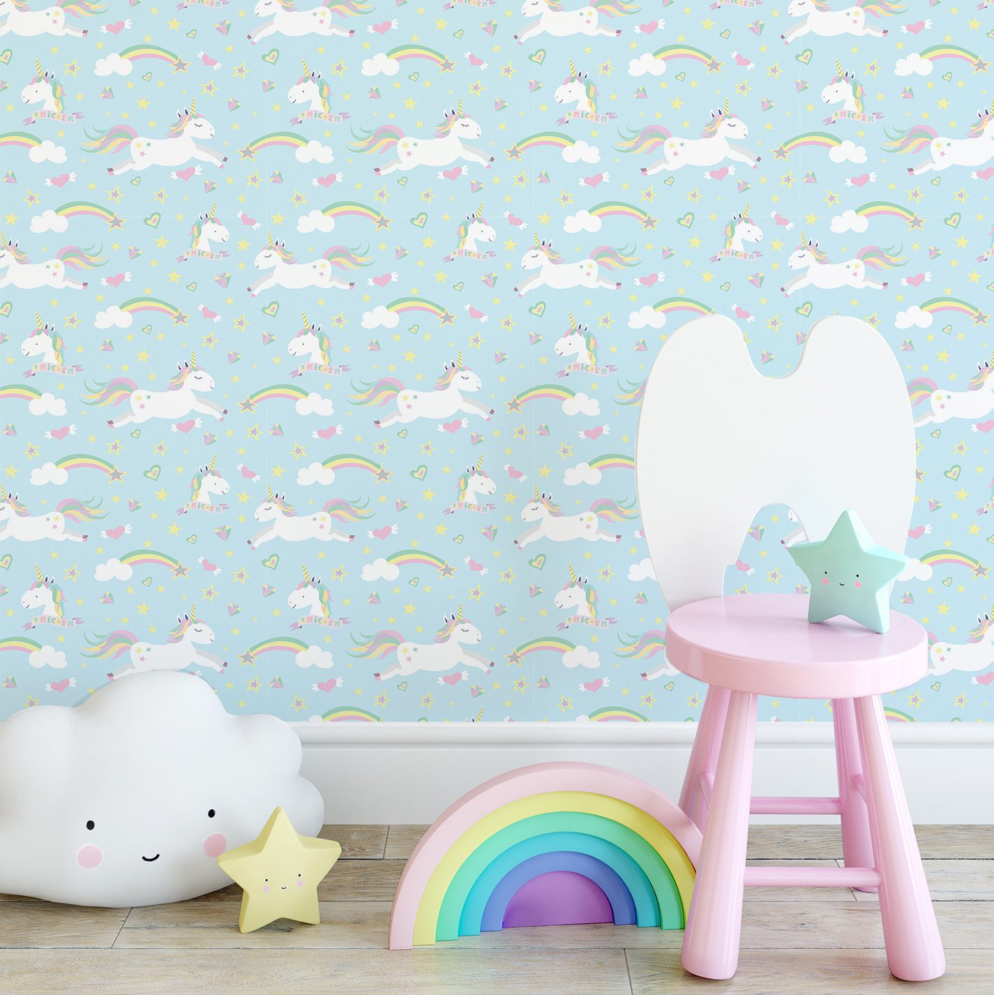 Papel de Parede Unicórnios na Nuvens 57x270cm,Papel de Parede Unicórnios na Nuvens 57x270cm