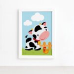 Quadro Animais da Fazenda Vaca Galinha Moldura Branca 22x32
