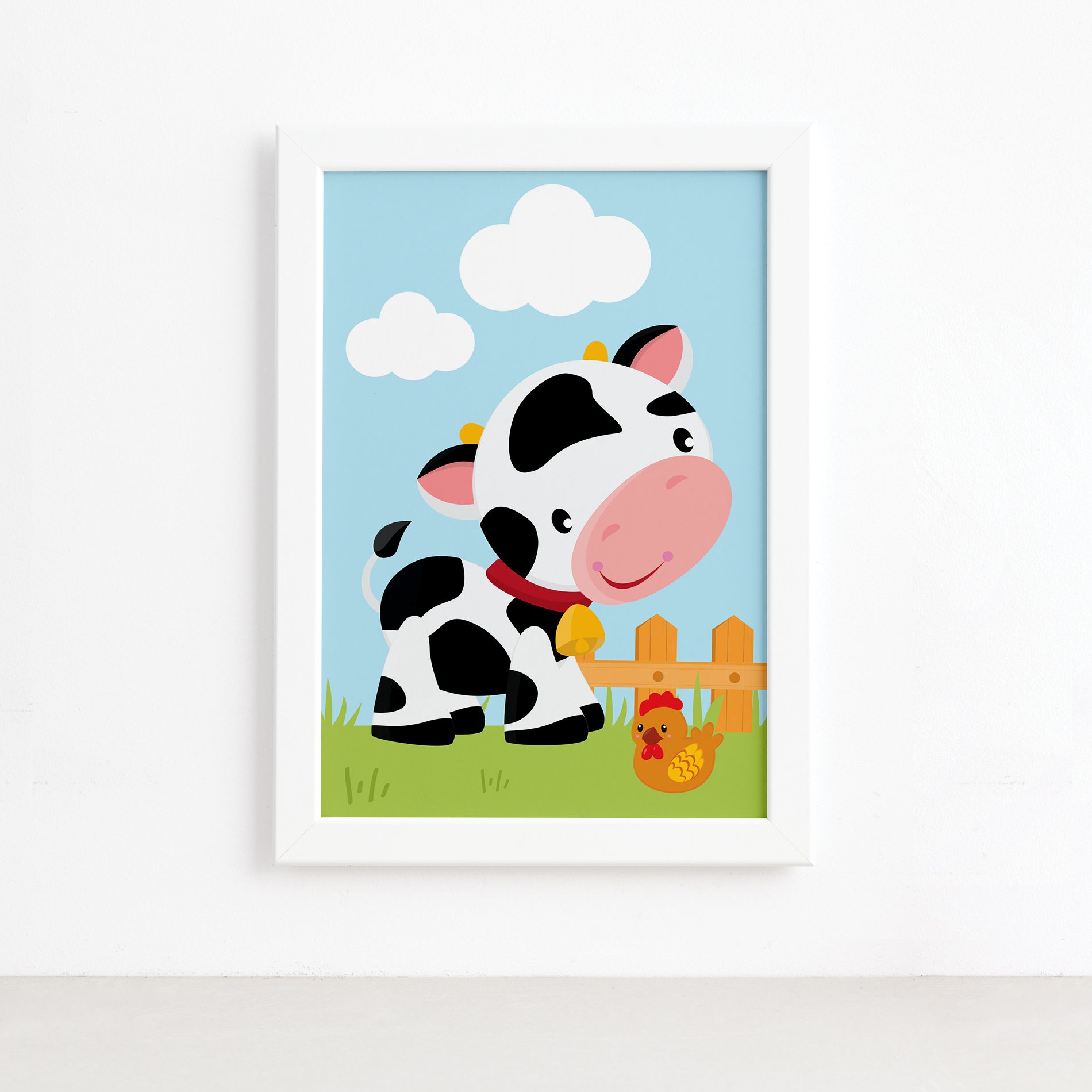 Quadro Animais da Fazenda Vaca Galinha Moldura Branca 22x32,Quadro Animais da Fazenda Vaca Galinha Moldura Branca 22x32