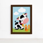 Quadro Animais da Fazenda Vaca Galinha Moldura Marrom 22x32