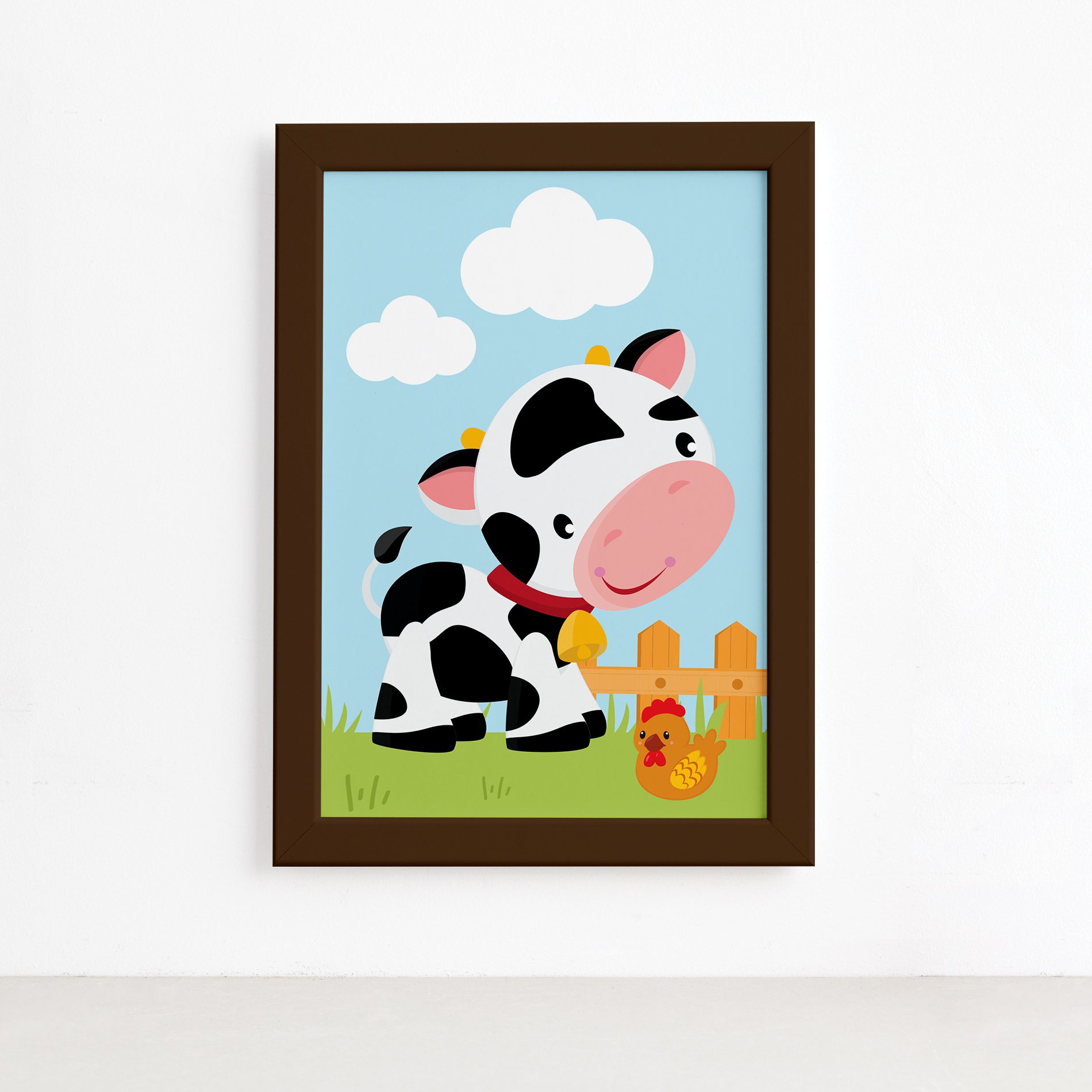 Quadro Animais da Fazenda Vaca Galinha Moldura Marrom 22x32,Quadro Animais da Fazenda Vaca Galinha Moldura Marrom 22x32