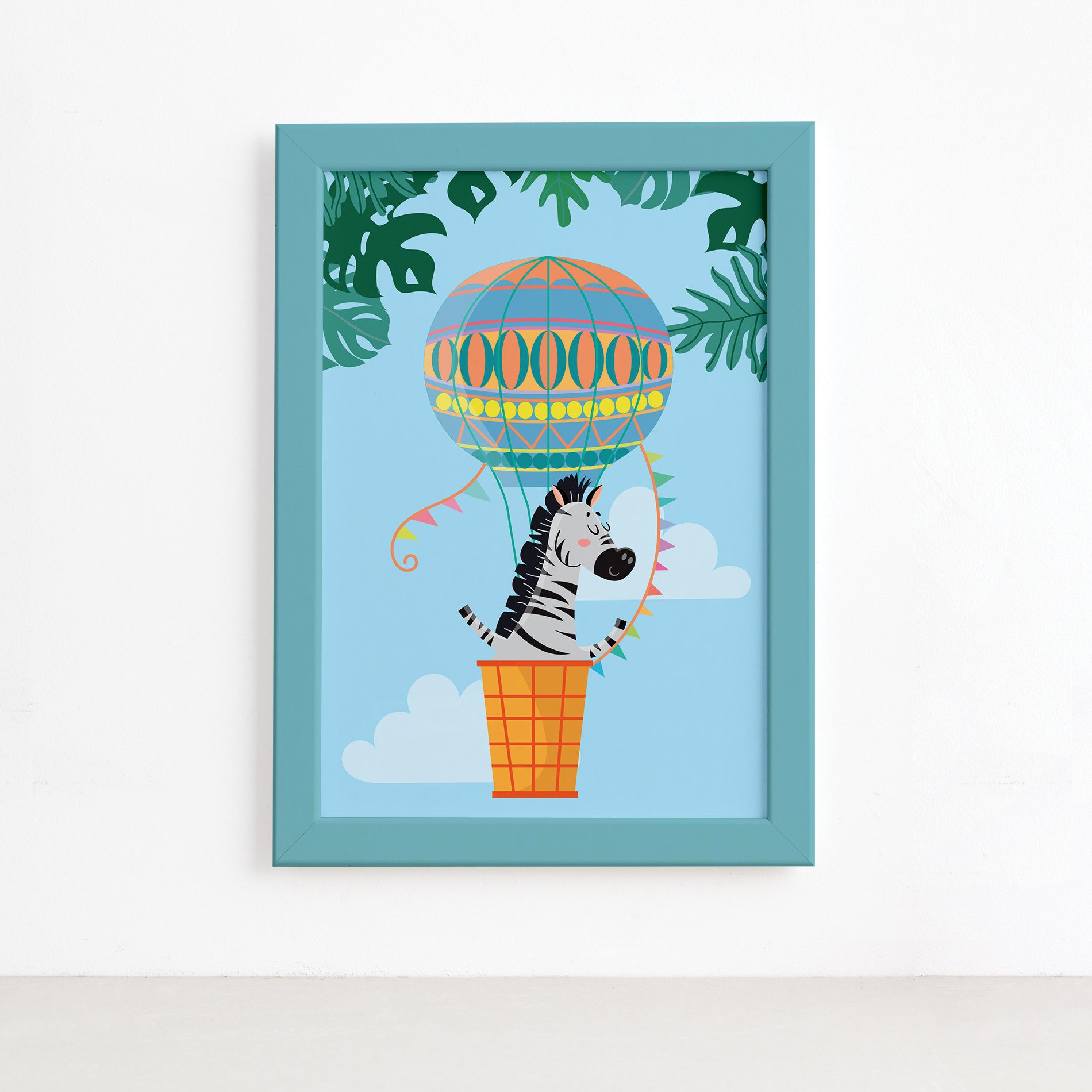 Quadro Infantil Zebra e Balão Moldura Azul 22x32cm,Quadro Infantil Zebra e Balão Moldura Azul 22x32cm