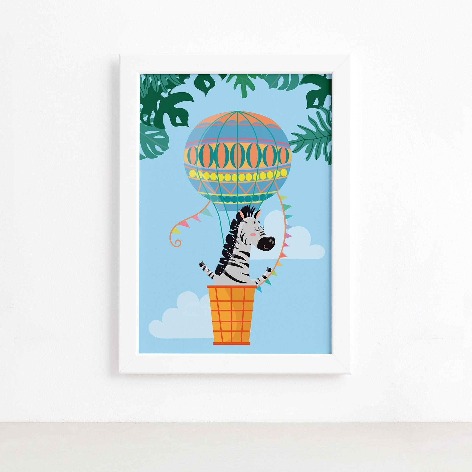 Quadro Infantil Zebra e Balão Moldura Branca 22x32cm,Quadro Infantil Zebra e Balão Moldura Branca 22x32cm