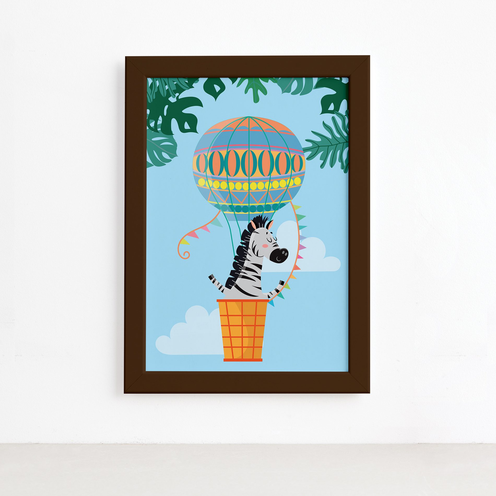 Quadro Infantil Zebra e Balão Moldura Marrom 22x32cm,Quadro Infantil Zebra e Balão Moldura Marrom 22x32cm