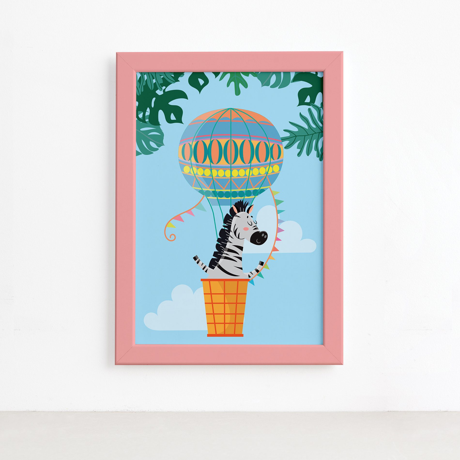 Quadro Infantil Zebra e Balão Moldura Rosa 22x32cm,Quadro Infantil Zebra e Balão Moldura Rosa 22x32cm